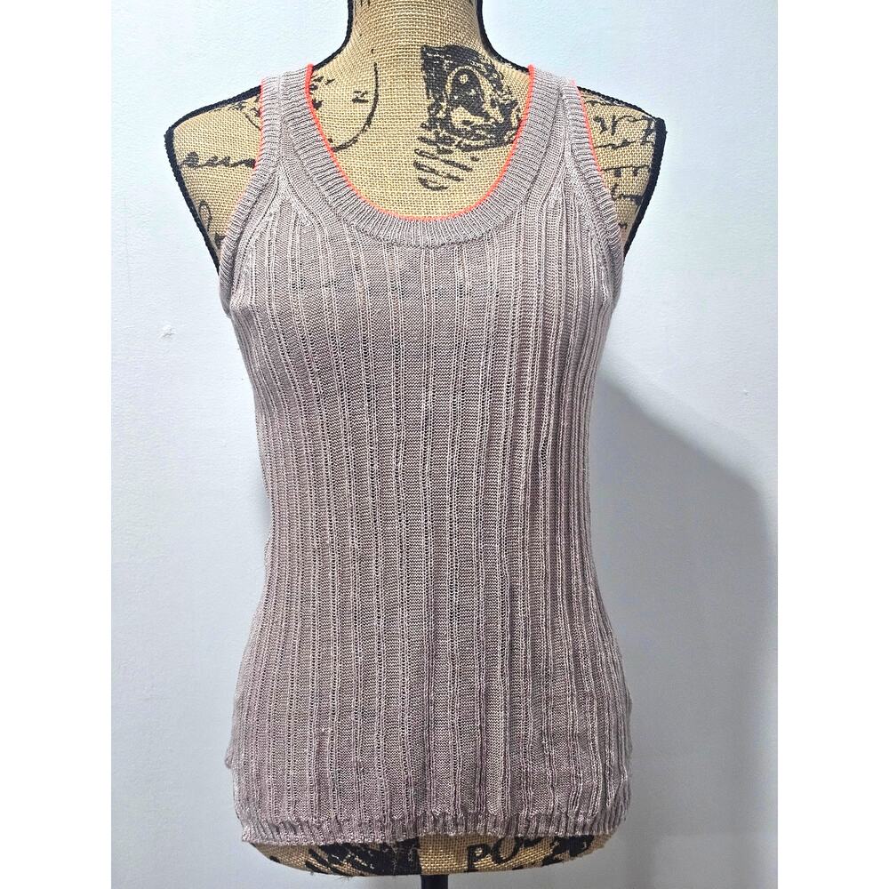 White + Warren Ribbed Linen Knit Tank Top, Neon Orange Trim, Taupe Sz XS